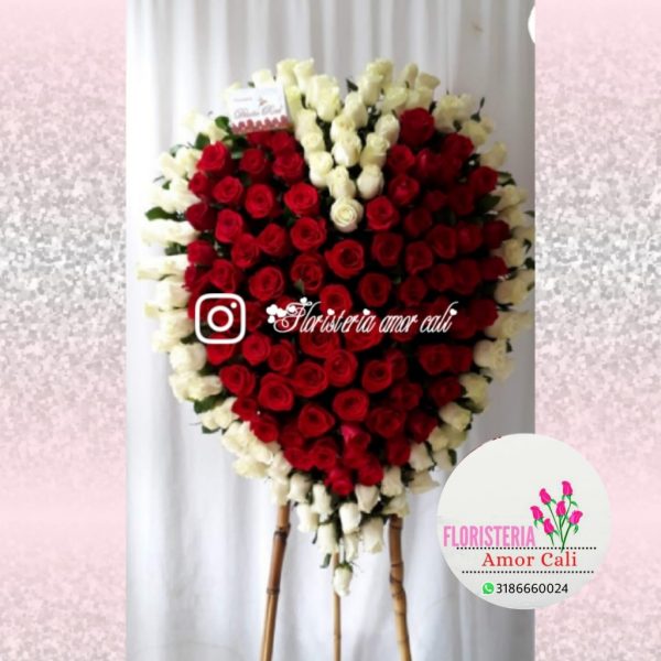 corazón fúnebre rosas rojas y blanco