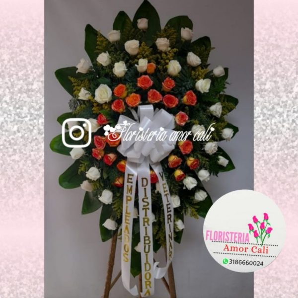 corona fúnebre rosas blancas y naranjas