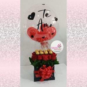 cubo de rosas y chocolates