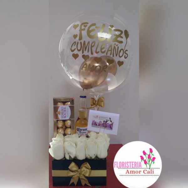 caja de rosas blancas y chocolates -floristeria cali