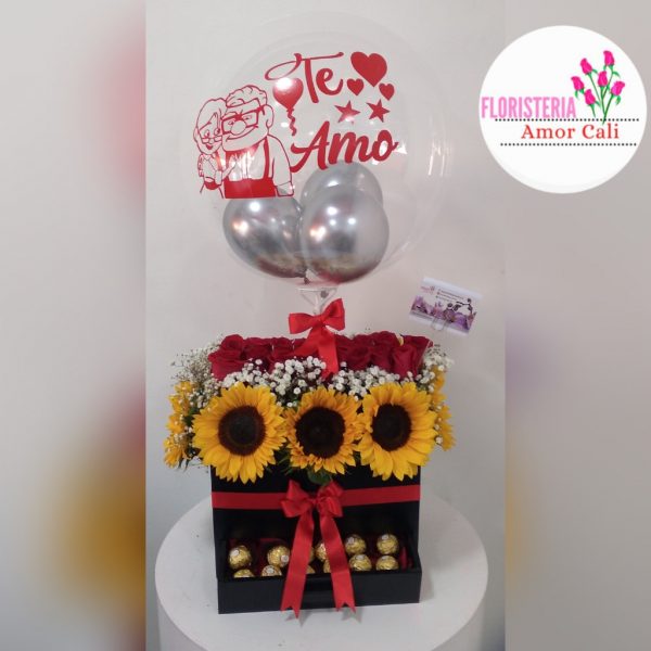 cofre de girasoles y rosas