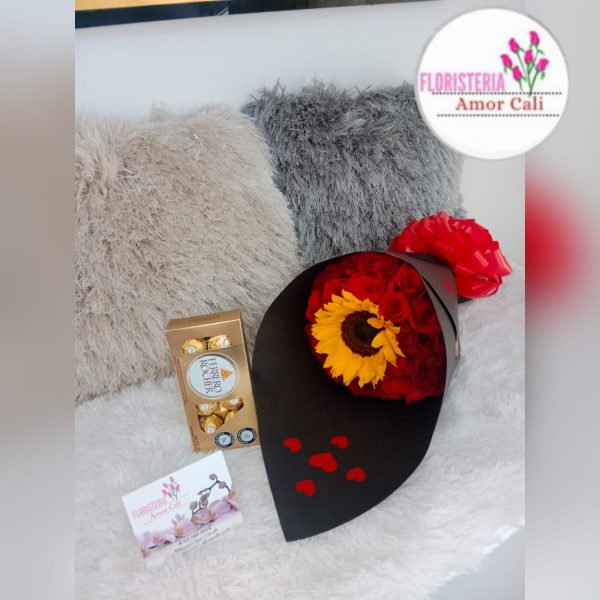 BUQUE ROSAS Y GIRASOLES