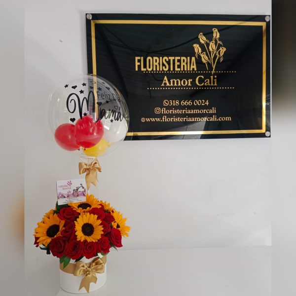 CUBO DE ROSAS Y GIRASOLES